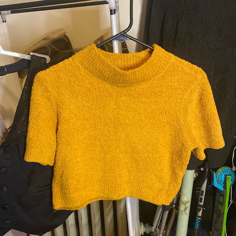 Mustard chenille mock neck sweater. Short sleeves. Slight crop